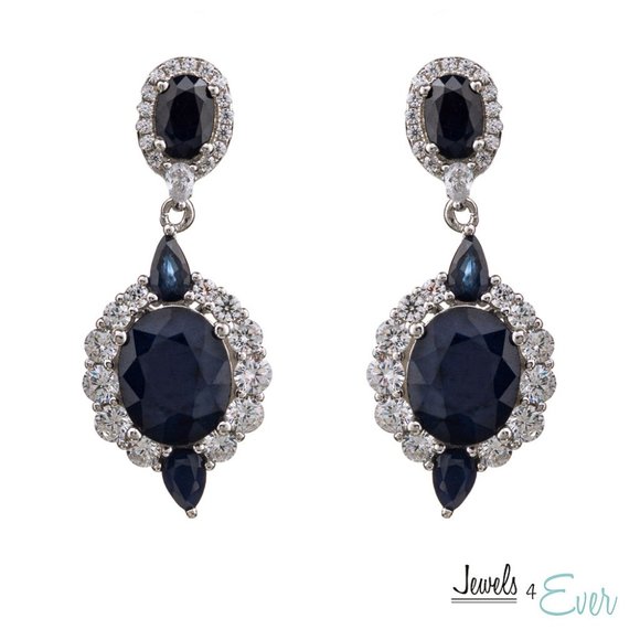 Sterling Silver Fancy Drop Style Earrings with Natural Blue Sapphire - Picture 1 of 2